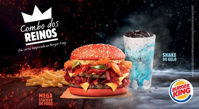 Mega Stacker de Fogo tem pão vermelho e o Shake de Gelo tem calda azul com Oreo.