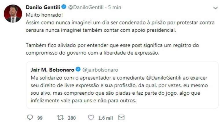 Danilo Gentili disse que ficou surpreso com o apoio do presidente Jair Bolsonaro.