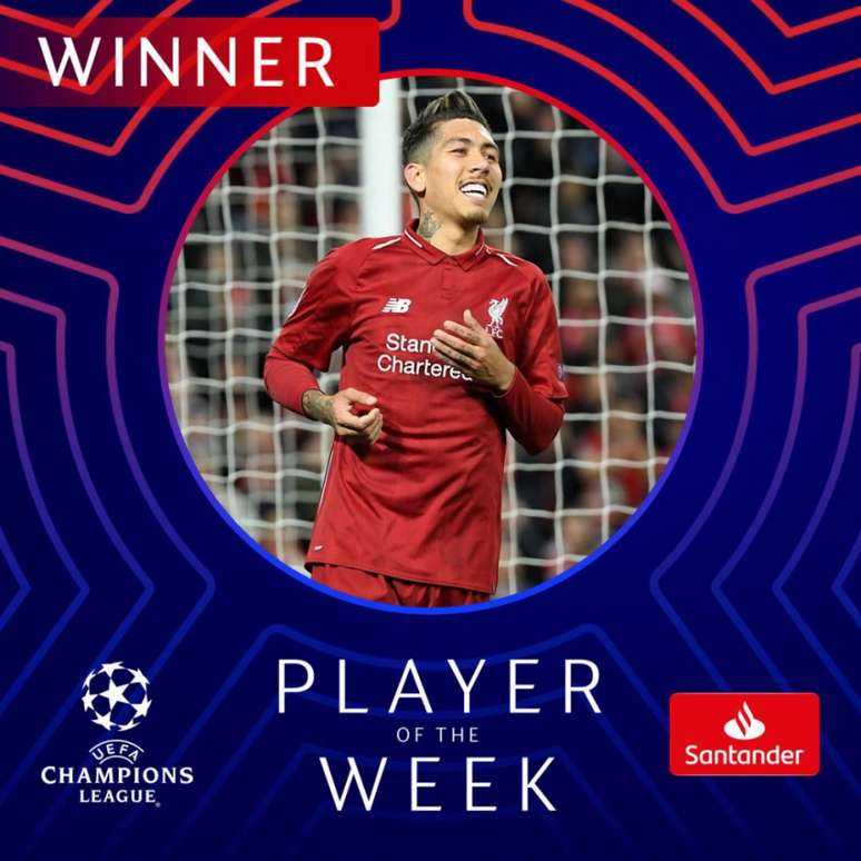 Firmino leva o prêmio de melhor jogador da semana na Champions (Foto: Reprodução / Twitter)