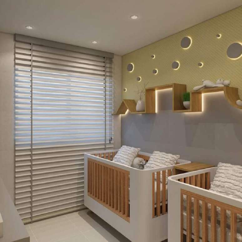 55. Prateleira com design diferente para decora&ccedil;&atilde;o de quarto de g&ecirc;meos &ndash; Foto: Samara Gosson Arquiteta e Urbanista