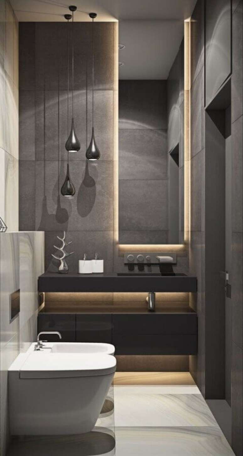42. Decoração moderna para lavabo pequeno com iluminação embutida no espelho – Foto: Pinterest
