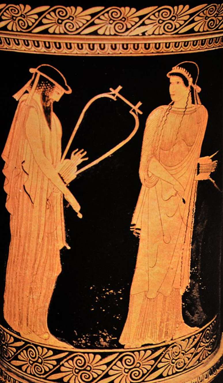 Poetas Alceu e Safo en uma cerâmica da Grécia Antiga: esse tipo de representação era reservado às "estrelas" da época