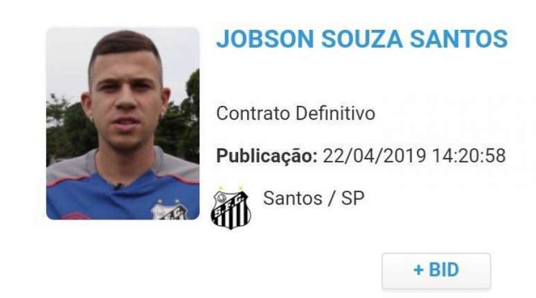 Jobson, volante do Santos, foi regularizado no BID na tarde desta segunda-feira (Reprodução/CBF)