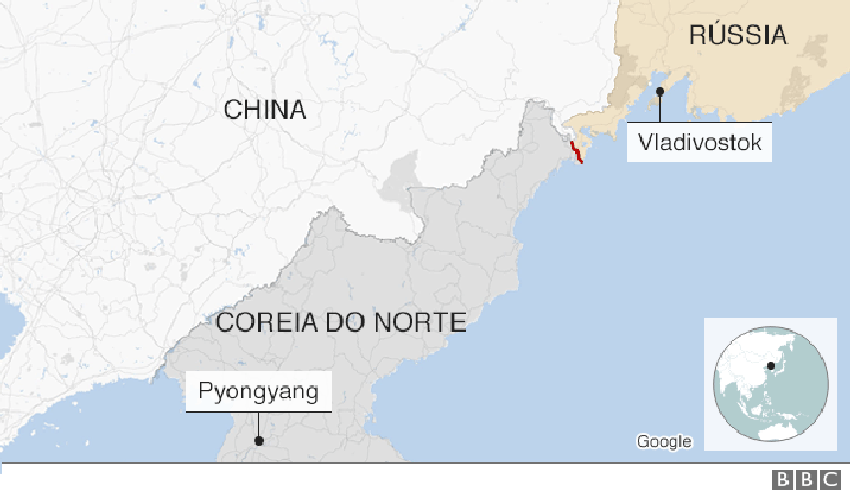 Mapa mostra fronteira da Rússia com a Coreia do Norte