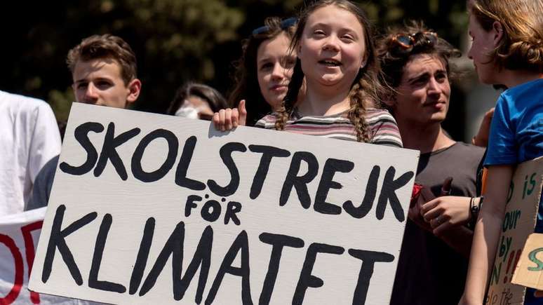 Greta Thunberg durante um protesto contra a mudan&ccedil;a clim&aacute;tica, em Roma