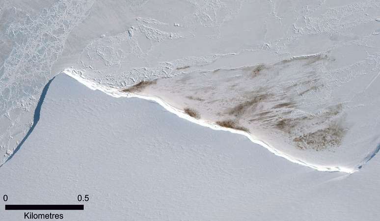 Nessa imagem de satélite de 2015, é possível ver a mancha de guano da colônia Halley Bay