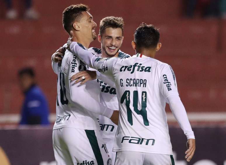 Jogadores do Palmeiras comemoram durante goleada sobre o Melgar na Libertadores