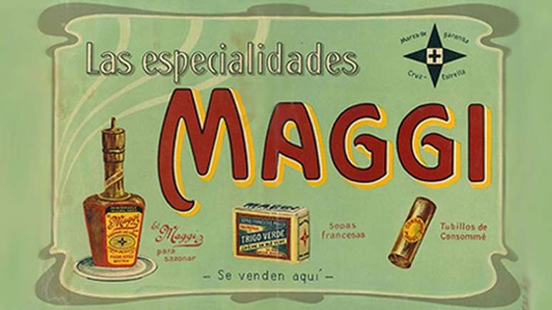 Propaganda antiga da Maggi em espanhol: no in&iacute;cio do s&eacute;culo 20, a empresa j&aacute; vendia seu cubo de condimentos