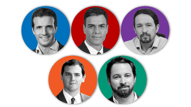 Os l&iacute;deres dos 5 principais partidos s&atilde;o Pablo Casado (PP), Pedro S&aacute;nchez (PSOE), Pablo Iglesias (Unidas Podemos), Albert Rivera (Ciudadanos) e Santiago Abascal (Vox).