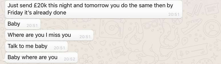 Em mensagem em ingl&ecirc;s, o golpista pede a transfer&ecirc;ncia de dinheiro e, sem resposta da v&iacute;tima, questiona onde ela est&aacute; e diz que est&aacute; com saudade