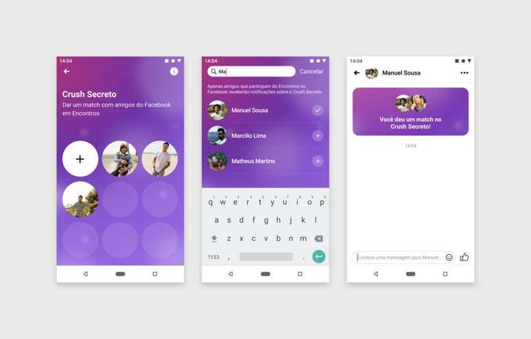 Crush Secreto, novo recurso do Dating: tela inicial, lista de crushes e encontro no mensageiro após um match 