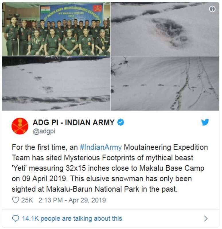 'Pela primeira vez, uma expedi&ccedil;&atilde;o do #Ex&eacute;rcitoIndiano encontrou misteriosas pegadas da besta m&iacute;tica 'Yeti', medindo 81 por 38 cent&iacute;metros', diz o tu&iacute;te