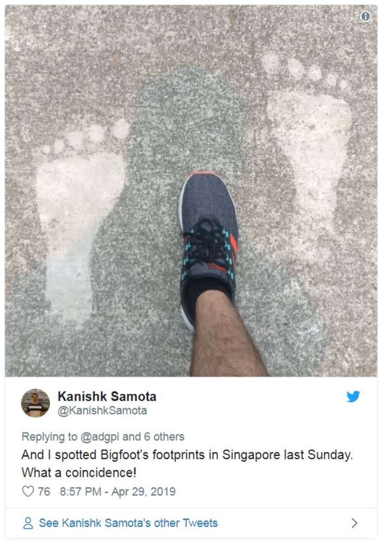 'E eu encontrei pegadas do P&eacute; Grande em Singapura domingo passado. Que coincid&ecirc;ncia!', diz o texto