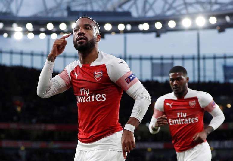 Alexandre Lacazette, do Arsenal, comemora gol marcado contra o Valencia pela Liga Europa
02/05/2019 Action Images via Reuters/Paul Childs 