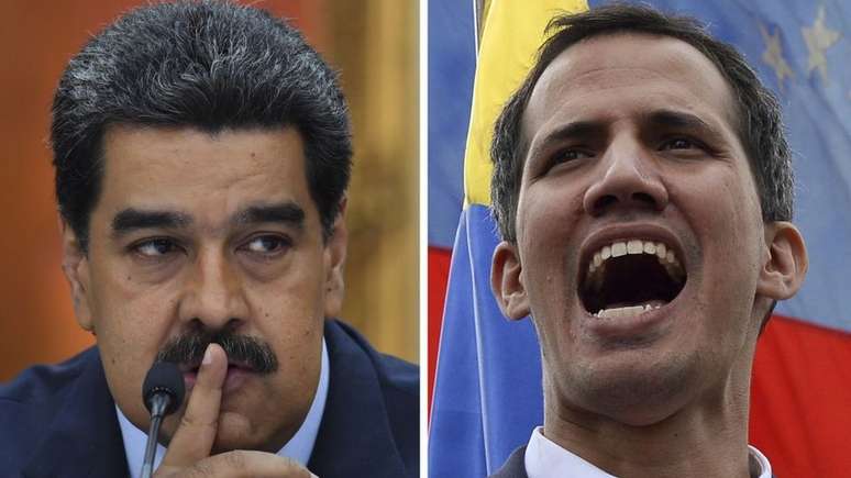 O presidente Nicolás Maduro e o presidente autodeclarado Juan Guaidó disputam o poder no país