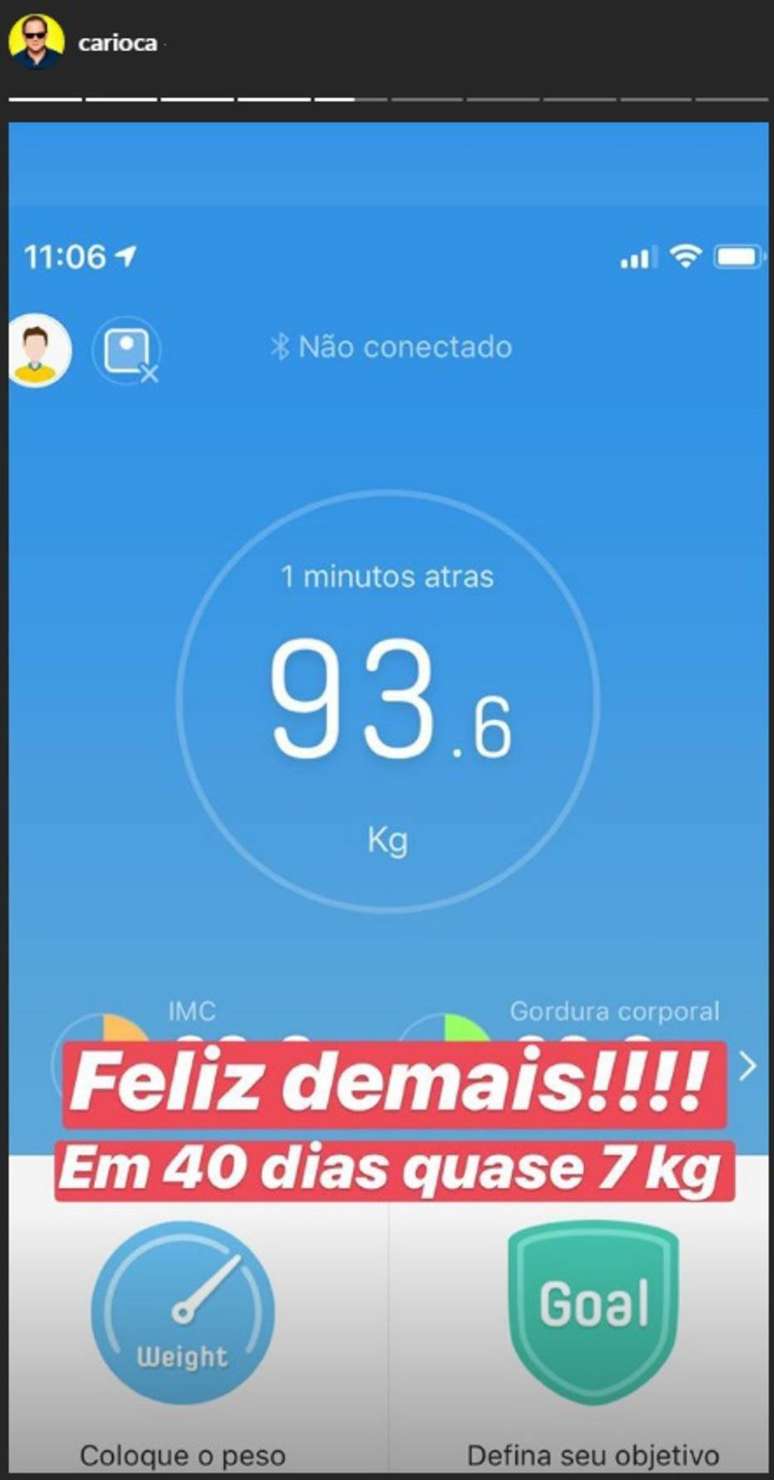 Story publicado pelo humorista Carioca com seu peso em 3 de maio de 2019.