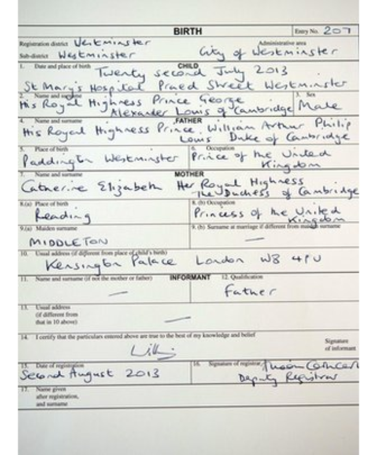 Registro de nascimento mostra o nome escolhido para George: Príncipe George de Cambridge