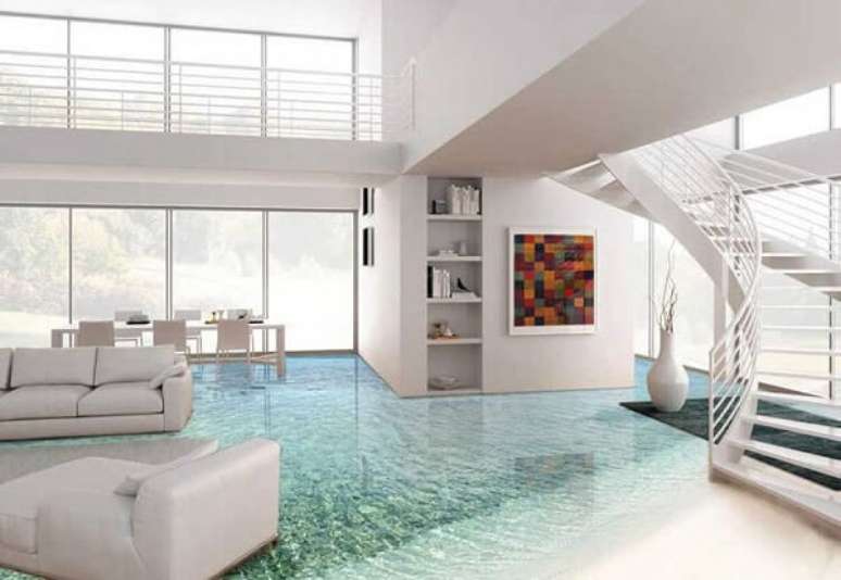 8 – A decoração da sala de estar encanta e transborda o estilo praiano com esse piso 3D. Fonte: Habitissimo