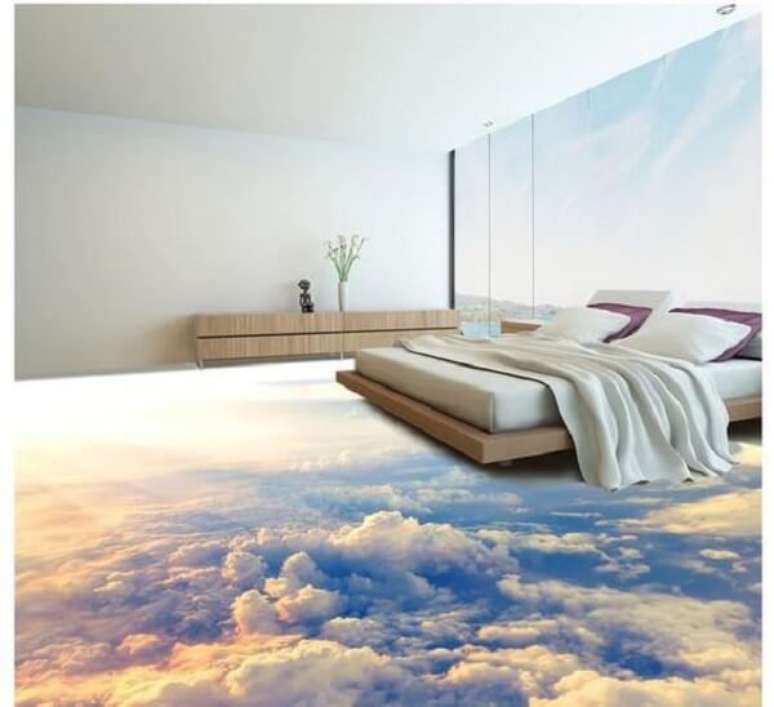 9 – Adesivo 3D para piso com temática de céu para quarto de casal. Fonte: Pinterest