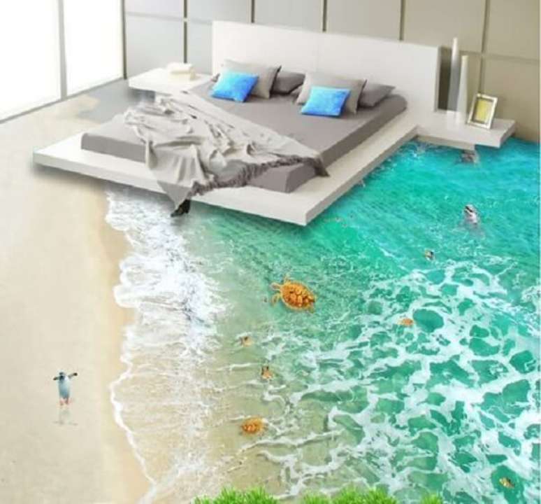 13 – Adesivo 3D para piso com temática de praia. Fonte: Pinterest