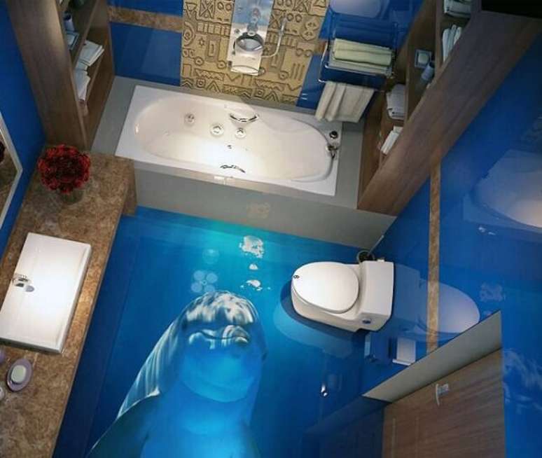 15 – Complemente a decoração do banheiro utilizando um piso 3D. Fonte: Pinterest