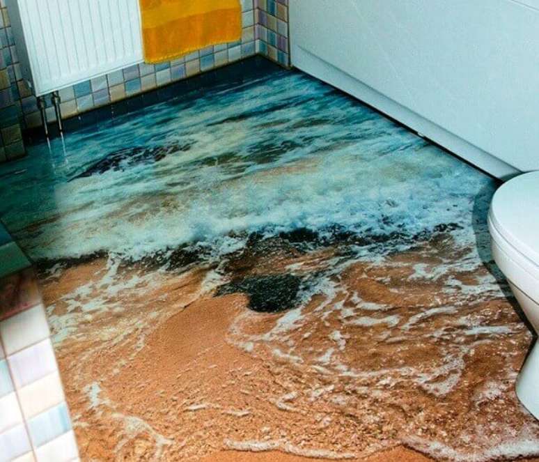 51 – Estilo praiano aplicado no piso 3D para banheiro. Fonte: Vila Mulher