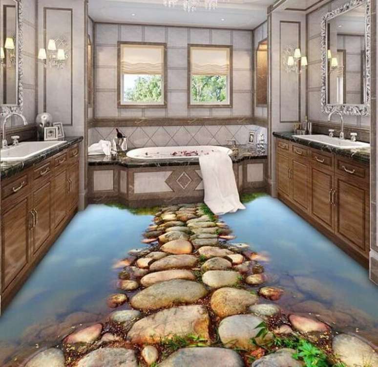 21 &ndash; Personalize seu c&ocirc;modo utilizando piso 3D. Fonte: Pinterest