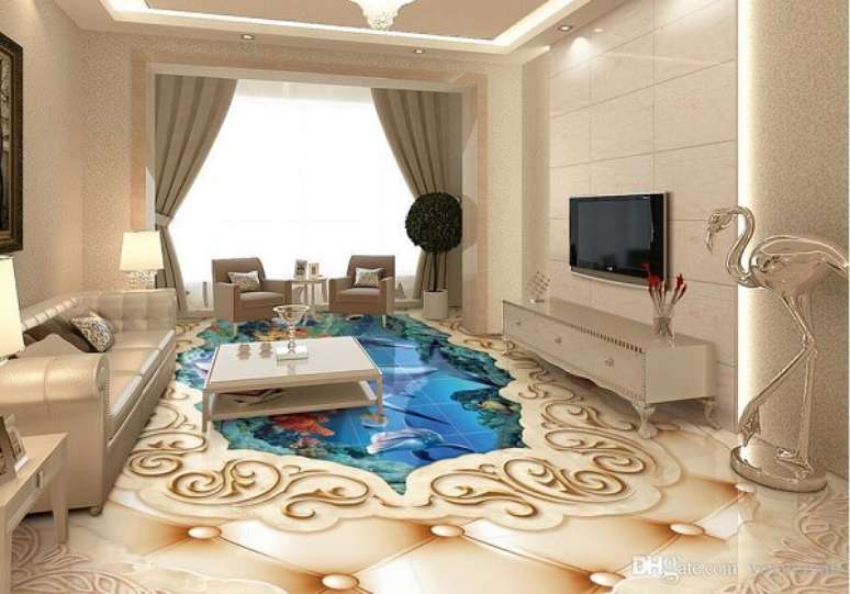 22 – Personalize sua sala de estar utilizando piso 3D. Fonte: Pinterest