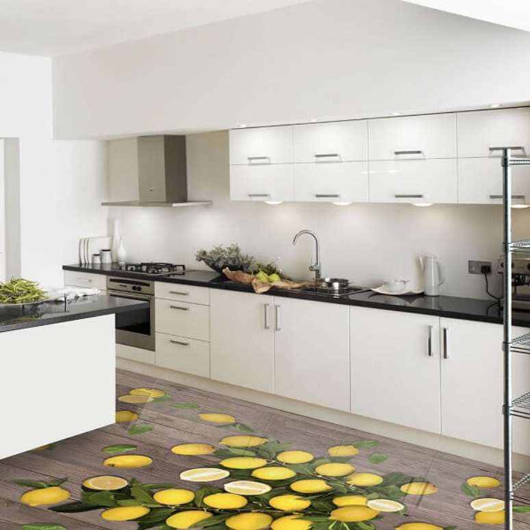 24 &ndash; Piso 3D aplicado no ambiente da cozinha. Fonte: Pinterest