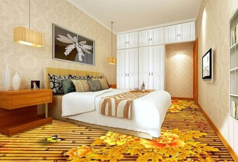 30 – Piso 3D com temática de flores aplicado no quarto de casal. Fonte: Pinterest