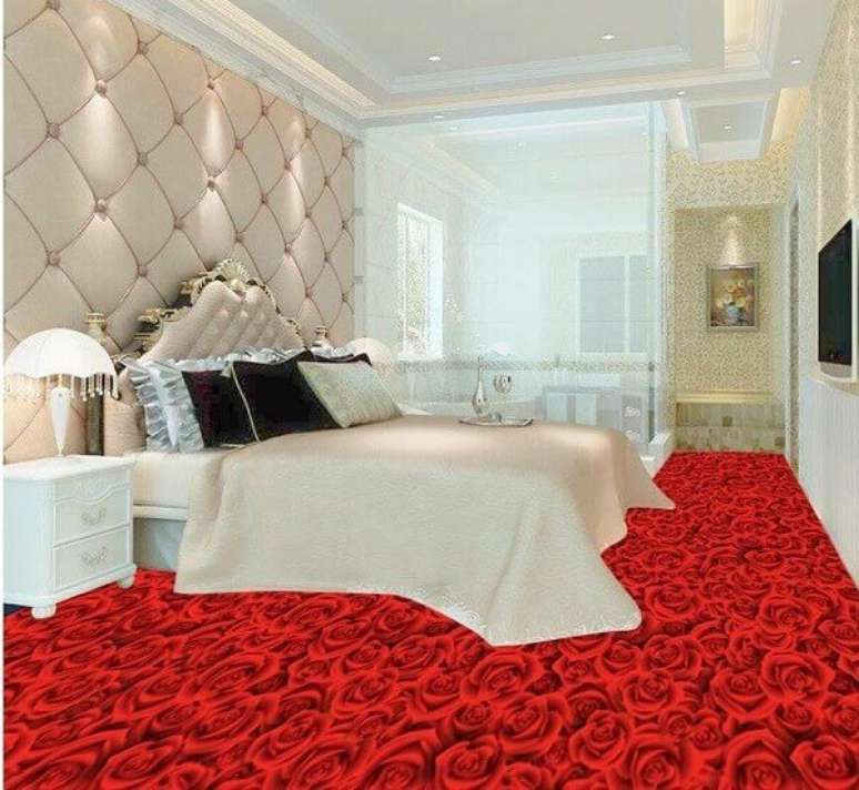 32 &ndash; Piso 3D com tem&aacute;tica de rosas vermelhas aplicada no quarto de casal. Fonte: AliExpress