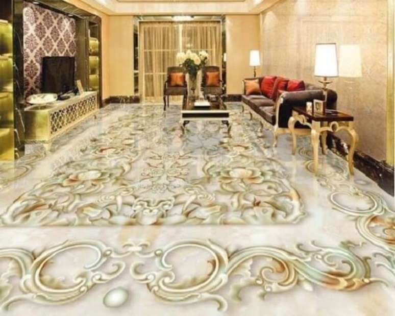 34 &ndash; Piso 3D feito com adesivo cl&aacute;ssico e aplicado na sala de estar. Fonte: Imperial Ae