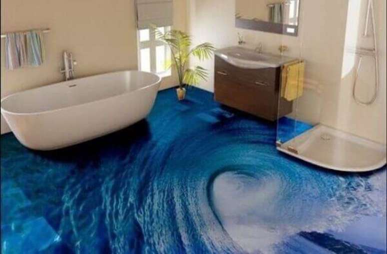 36 – Piso 3D imitando uma onda do mar aplicado no banheiro. Fonte: Porcelanato Líquido