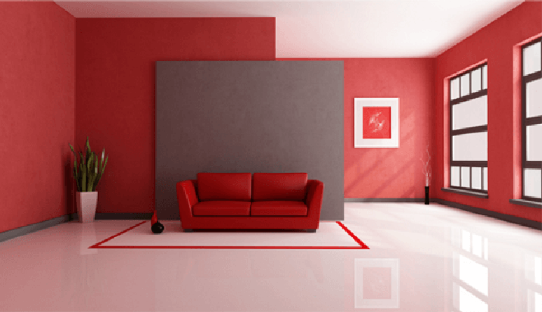 2 &ndash; Piso em 3D aplicado nas cores branco e vermelho na sala de estar. Fonte: Pinterest