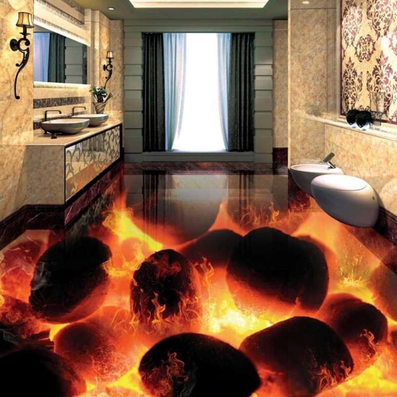 48 &ndash; Tem&aacute;tica de vulc&otilde;es para piso 3D. Fonte: Pinterest