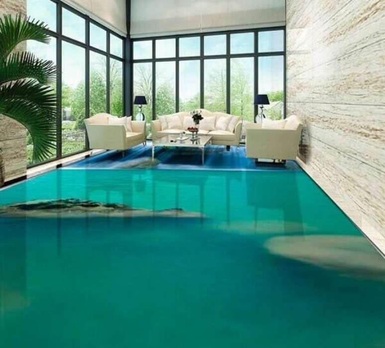 40 &ndash; Transforme a decora&ccedil;&atilde;o da sua sala de estar utilizando o piso 3D. Fonte: Pinterest