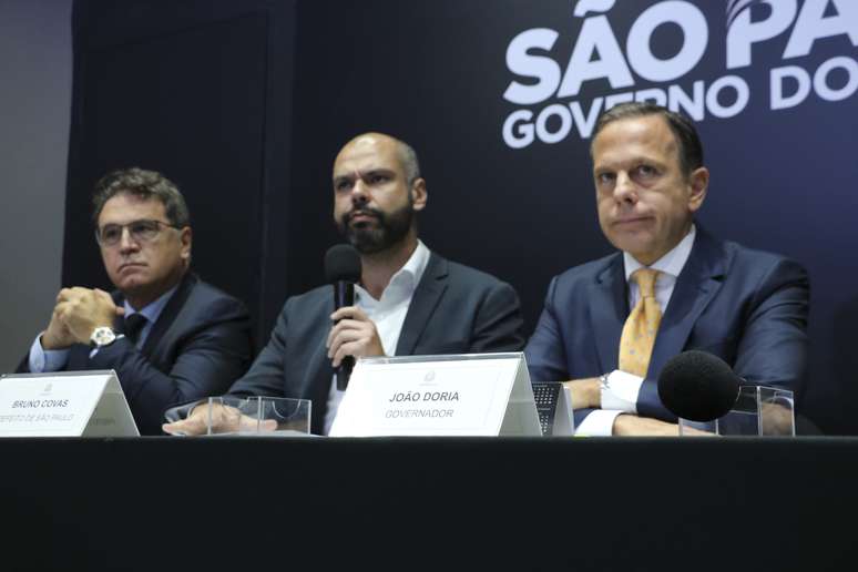 O prefeito de São Paulo, Bruno Covas, e o governador do Estado, João Doria, durante coletiva no Palácio dos Bandeirantes, na capital paulista, nesta sexta-feira, para falar sobre a manutenção do GP do Brasil no Autódromo de Interlagos. Segundo o governador, a prova está garantida na cidade de São Paulo ao menos até o ano de 2020.