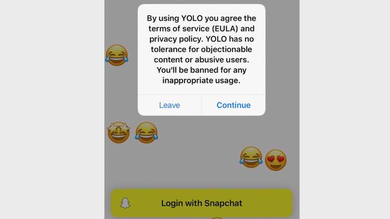"Yolo não tem tolerância para conteúdo questionável ou usuários abusivos. Você será banido por qualquer uso inapropriado", diz alerta da empresa a usuários que baixam o app