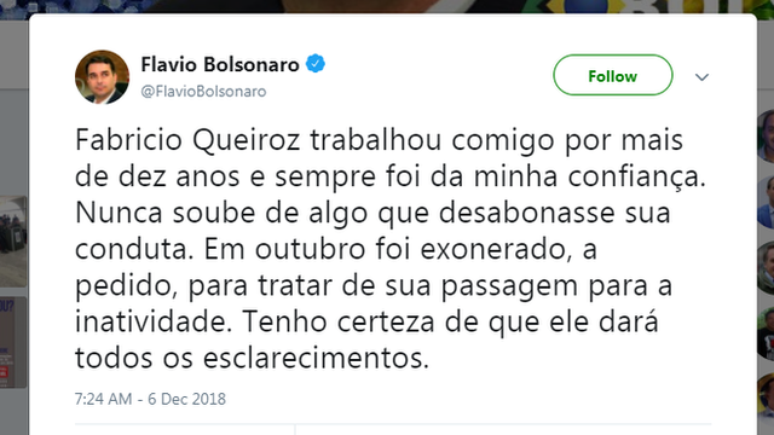 No Twitter, Flávio Bolsonaro falou sobre sua confiança no ex-assessor