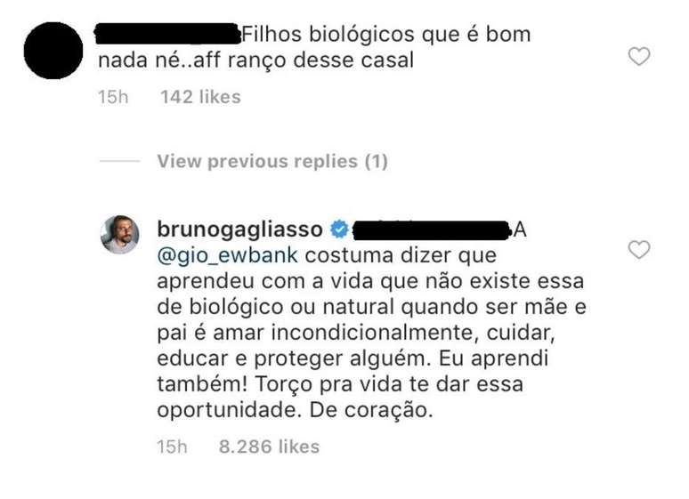 Bruno Gagliasso responde comentário de internauta sobre filhos dele com Giovanna Ewbank.