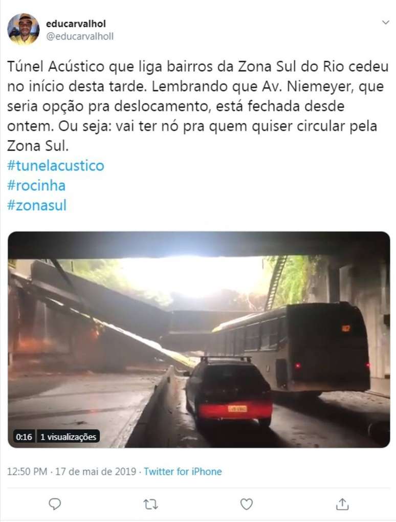 Tuíte sobre o desabamento do túnel