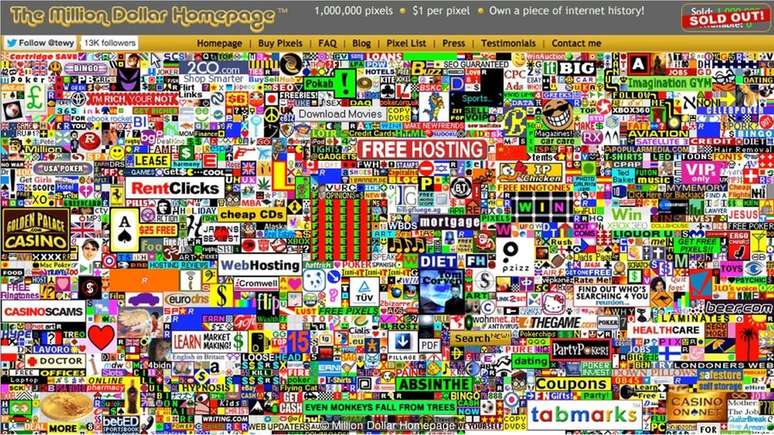 O Million Dollar Homepage agora est&aacute; cheia de links para sites que n&atilde;o existem mais