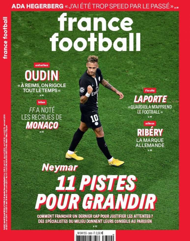 Capa da revista 'France Footaball' com a foto de Neymar e a manchete '11 dicas para crescer' (Reprodução)