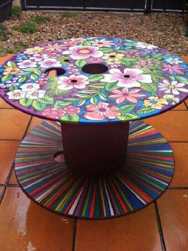 26 &ndash; Mesa de carretel decorada complementa a decora&ccedil;&atilde;o da &aacute;rea externa. Fonte: Pinterest