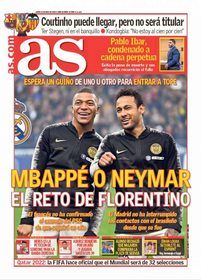 Capa do 'As' traz uma imagem de Neymar e Mbappé juntos antes de uma partida pelo PSG (Reprodução)