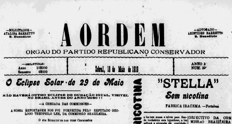 Jornais brasileiros cobriram o dia a dia das expedições brasileira, britânica e americana em Sobral; alguns chegaram a "adiantar" o resultado favorável a Einstein, mesmo antes de os cientistas compilarem os dados