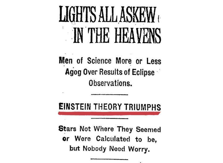 "Luzes distorcidas no c&eacute;u", Teoria de Einstein triunfa", diz a capa do jornal americano The New York Times em 15 de novembro de 1919