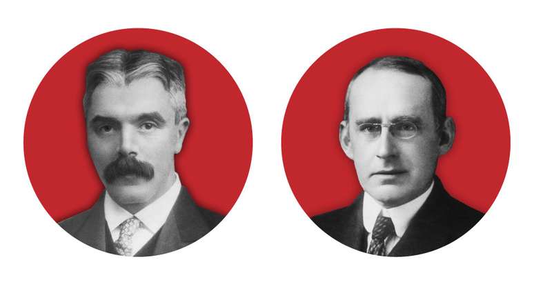 Frank Watson Dyson e Arthur Stanley Eddington usaram eclipse de 1919 para testar a teoria de Einstein; um era cético, e o outro era entusiasta das ideias do alemão