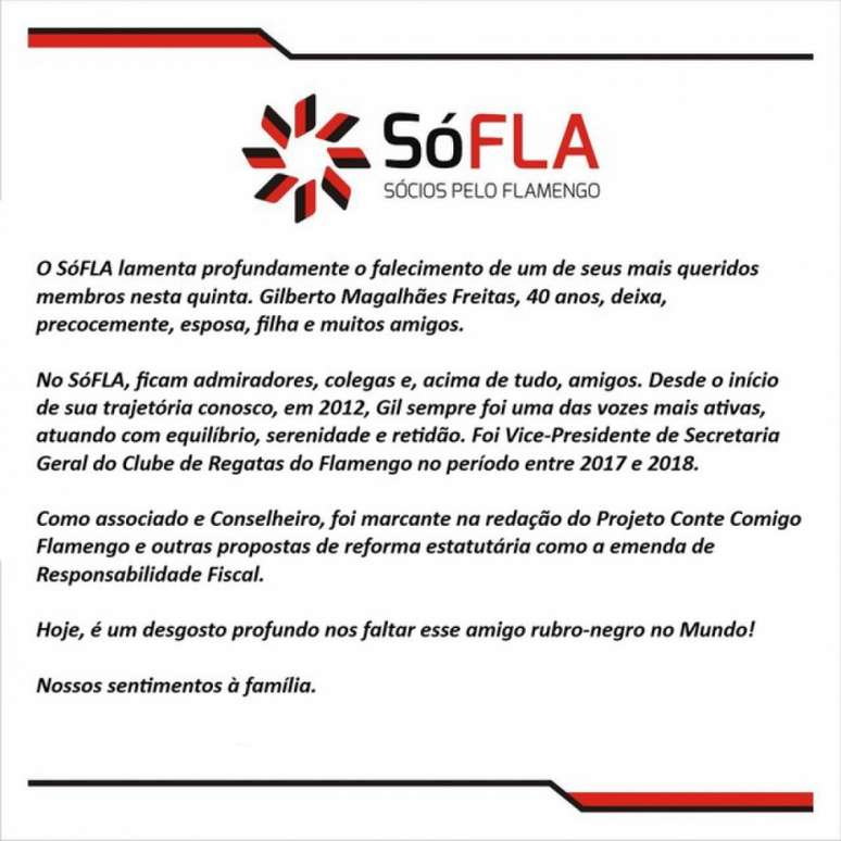 Mensagem do grupo SóFLA sobre o falecimento de Gilberto Freitas Magalhães (Foto: Reprodução)