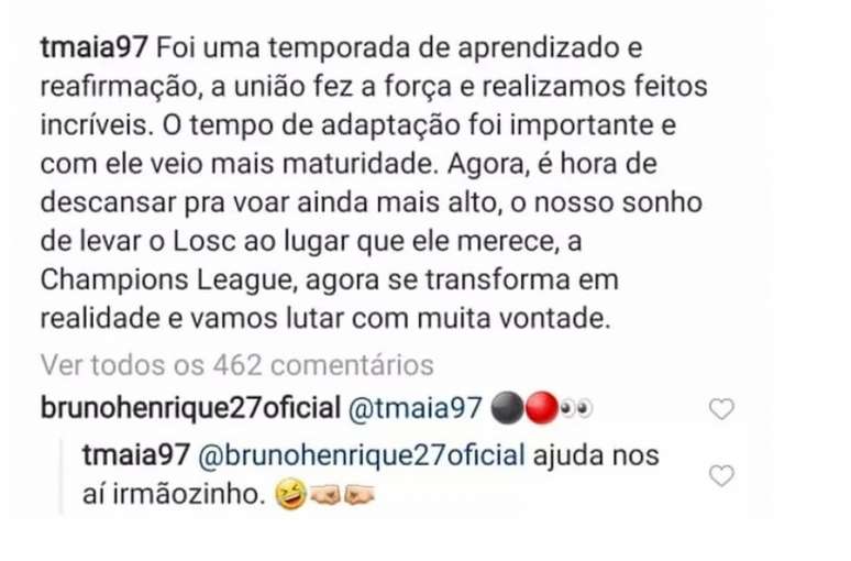 Bruno Henrique comentou na postagem de Thiago Maia (Foto: Reprodução)